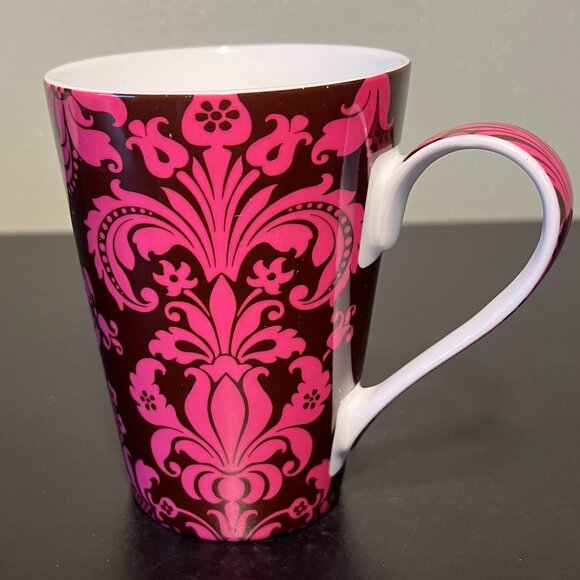 Könitz Germany Porcelain Damask Floral Motif in Mauve Pink & Dark Brown Mug Cup - Picture 1 of 9